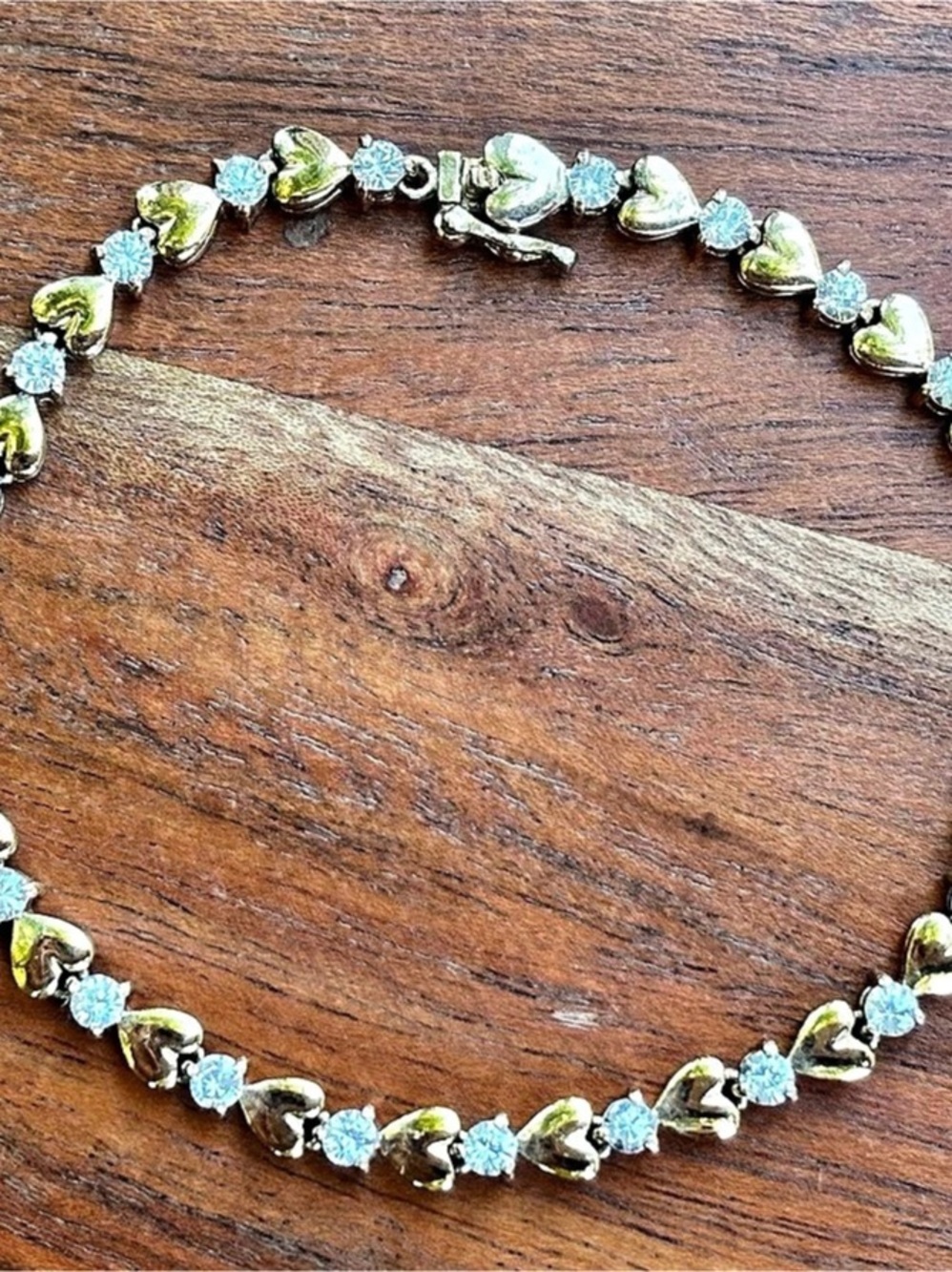 925 Gold Over Sterling Silver Heart Bracelet 7” Clear Stone Tennis Bracelet